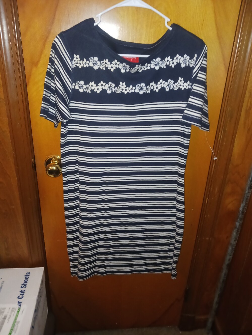 Liz Claiborne Navy and White Striped Midi Dress with Floral Yoke